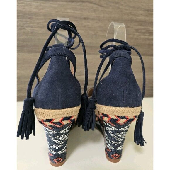 CAbi Isla Wedge Espadrille Sandals Size 7 Navy Blue Multi Tassel Strap - Picture 3 of 7